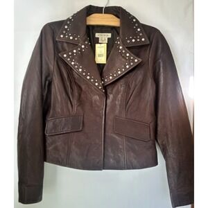NWT Stetson Brown Leather Studded Fringe Western/Moto Snap Front Jacket